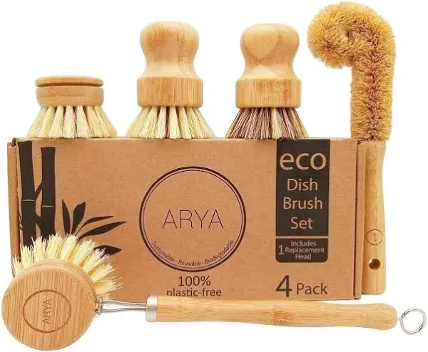 Wooden Dish Brush Set | 4 Kitchen Washing up Brushes &amp; One Head | Bamboo &amp; Natur