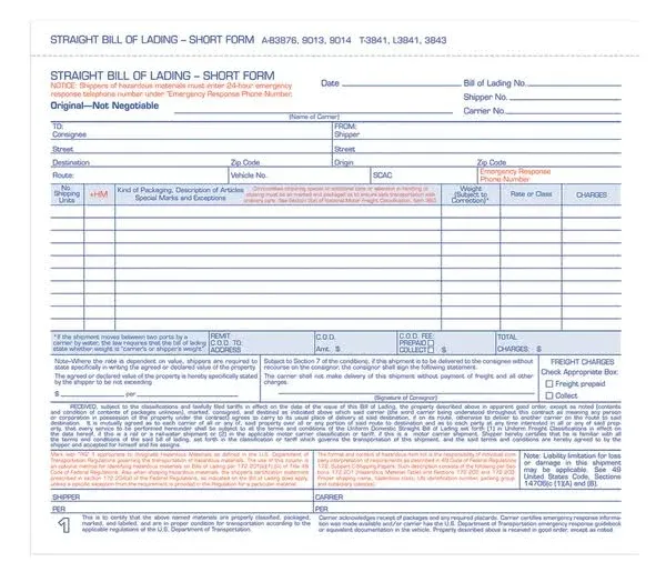 Adams Bill of Lading Short Form, 8-1/2 x 7-7/16 x Inches, 3 Part, White 