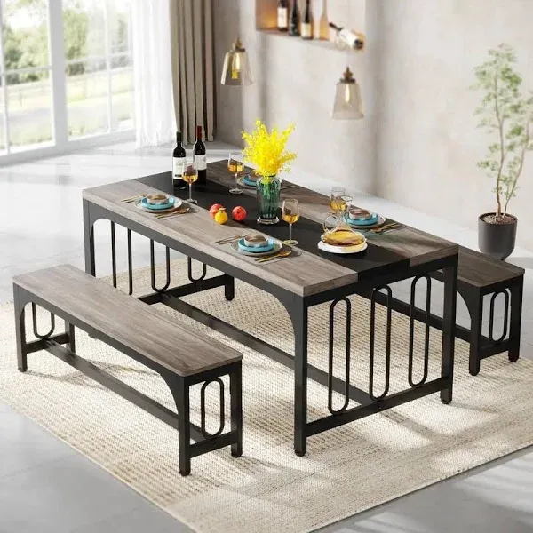 Tribesigns 3 Pieces Rectangular Kitchen Table with 2 Benches