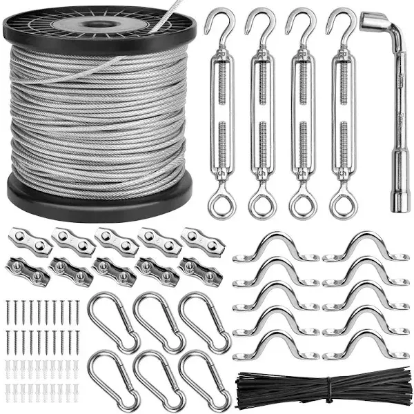 String Light Hanging Kit，Guide Wire for Outdoor String Lights,Vinyl Coated Wire Rope/Cable Outdoor Light Guide Wire,Include 182fts 304 Stainless Steel Wire Cable, Turnbuckle and Hooks