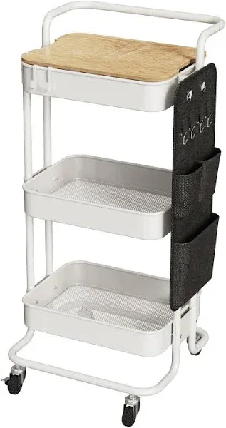 3 Tier Metal Utility Rolling Cart with Table Top and Side Bags, Tray Storage ...