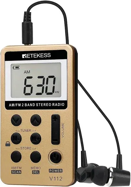 Retekess V112 AM FM Radio Portable, Mini Radio with Earphone Pocket, Digital Tuning Rechargeable Battery LCD Display for Walking Jogging(Gold)