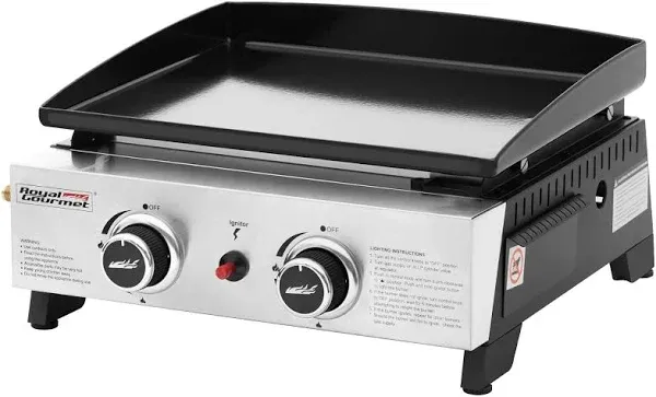 Royal Gourmet PD1204 2-Burner Tabletop Gas Griddle, 17-Inch Portable Flat Top Grill, 17,000 BTUs Propane Fueled, Outdoor Barbecue Cooking While Camping or Tailgating, Black & Silver