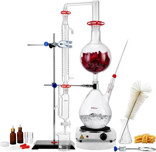 VEVOR Essential Oil Distillation Kit, 2000ml Distillation Apparatus, 3.3 Boro Lab Glassware Distillation Kit with 1000W Heating Plate and 24, 40 Joint, 28 pcs Set