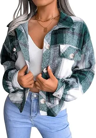 Gihuo Women's Fashion Cropped Shacket Button Down Corduroy Shacket Jackets Casual Plaid Long Sleeve Crop Jackets Tops