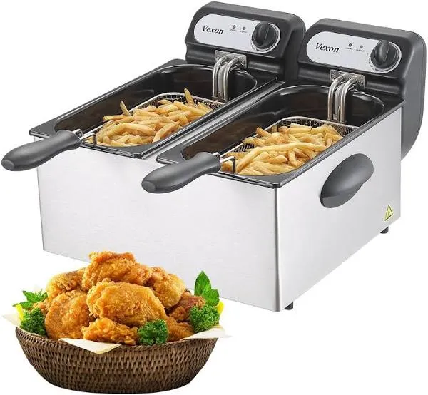 3000W Commercial Electric Deep Fryer With Baskets & Lids,2x3L Stainless Steel Double Deep Fryer,Small Deep Fryer With Basket,Temperature Control,Overheat Protection