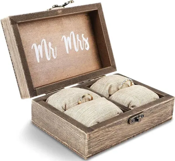 Wood Wedding Ring Box with Burlap Pillow Lining (6 x 4 x 2 In)