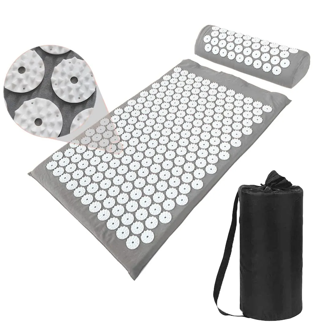 Acupressure Mat and Pillow Set with Bag - 73 X 42 CM Massage Acupuncture Mat - Naturally Relax Back, Neck and Feet Muscles - Stress and Pain Relief (grise)