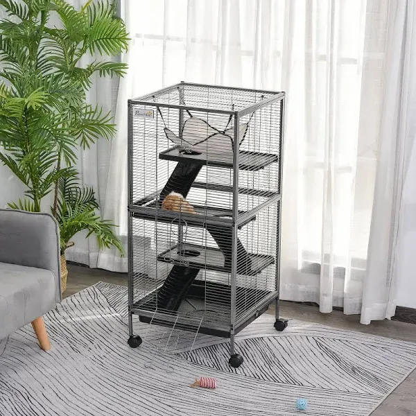 PawHut Metal Small Animal Cage Rolling Big Ferret Cage, Chinchilla Cage, Sugar Glider Cage, with Hammock & 4 Tiers, Removable Tray, Gray