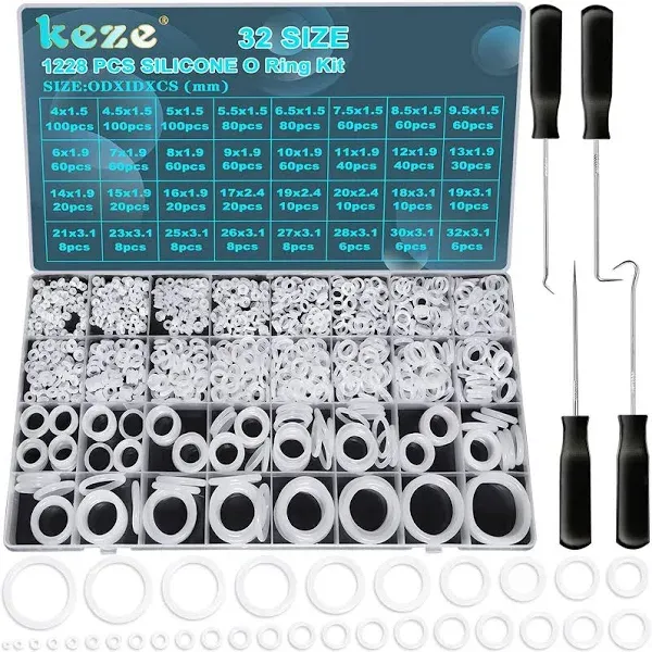 KEZE 1228 Pcs 32 Size Clear Food Grade Silicone O Rings Assortment Kit with P...