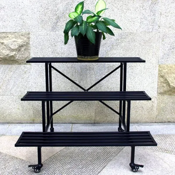 Zhongma Moving Garden Cart 3 Tier Sturdy Metal Plant Stand Heavy Duty Plant holder Garden Plant Shelf with Wheels