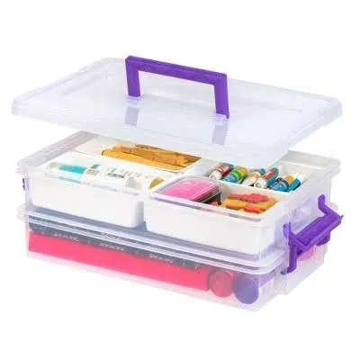 IRIS USA Plastic Storage Bins with Removable Tray for Organizing 9.4 Qt. Craft Organizers and Storage with Handle, Art Supply Storage Organizer, Arts and Crafts Organizer, Clear/Violet