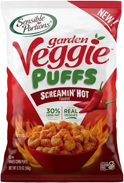 Sensible Portions Garden Veggie Puffs Screamin&#039; Hot Flavored Baked Corn Puffs...