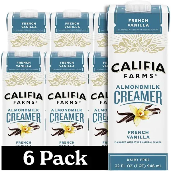 Califia Farms - Vanilla Almond Milk Coffee Creamer with Coconut Cream, 32 oz (Pack of 6) | Non Dairy | Plant Based | Vegan | Non-GMO | Shelf Stable