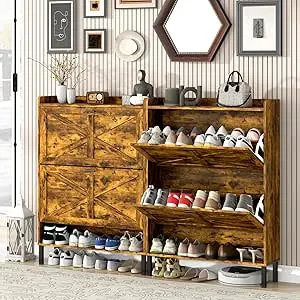 Shoe Storage Cabinet for Entryway, Fits Size 13, 48 Pairs Sturdy Wood Farmhouse Shoe Rack Organizer with 4 Flip Drawers, 10-Tier Slim Narrow Freestanding Hidden Shoe Storage, Rustic Brown