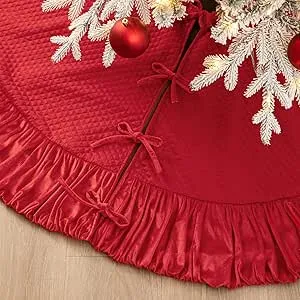 Glitzhome 72" D Deluxe Velvet Ruffled Christmas Tree Skirt, Large Xmas Ornament Mat for Winter Holiday Party Decor, Burgundy