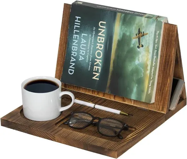 Wooden Book Holder Stand for Reading,Book Page Holder Book Reading Valet with Glass,Cup&Pen Holder,Book Lovers Gifts(Rustic Brown)