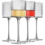 INSETLAN Square Wine Glasses Set of 4, Elegant Ribbed Design Wine Glasses 12.5oz, Long Stem Unique Modern Shape - Hand Blown Premium Wine Glass, for