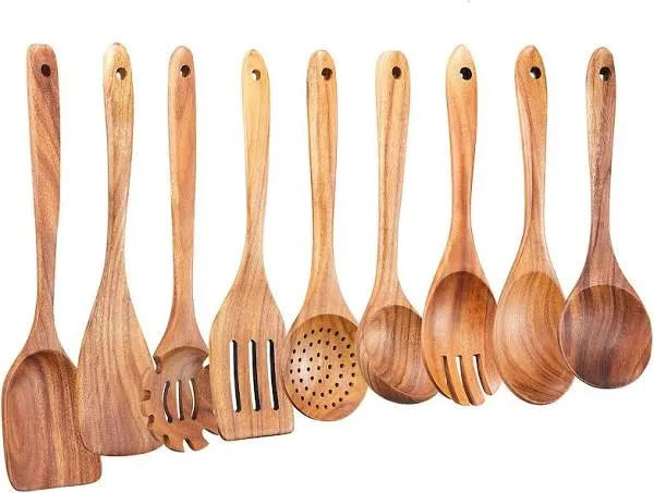 Wooden Kitchen Utensils Set,GUDAMAYE 9 PCE Natural Teak Wooden Spoons For Non-stick Pan for Cooking,