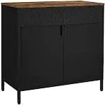 SONGMICS Storage Sideboard, Buffet Table with Adjustable Shelves, Floor Storage Cupboard, Steel Frame, Rustic Brown and Black ULSC102B01