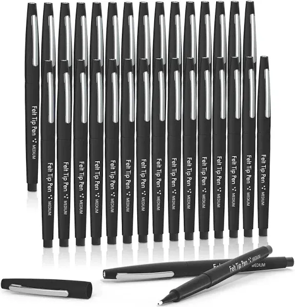 Felt Tip Pens, 30 Black Pens, 0.7mm Medium Point Felt Pens, Felt Tip Markers ...