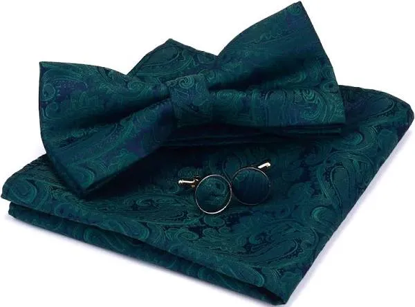 GUSLESON Paisley Adjustable Pre-tied Bow Tie and Pocket Square Cufflink Set with Gift Box