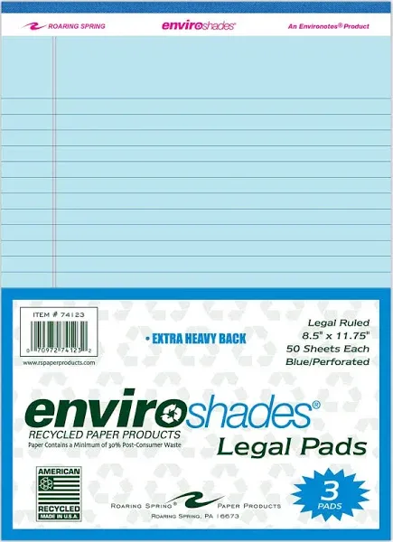 Enviroshades Legal Pad, 8-1/2 x 11-3/4 Inches, Blue, 50 Sheets, Pack of 3