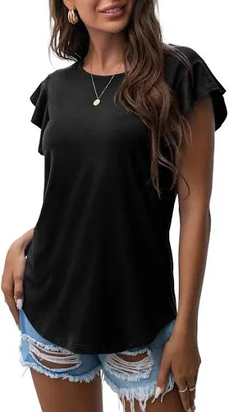 PrinStory Women's Tops Summer Casual Ruffle Short Sleeves Knit Shirts Round Neck Tunic Top For Women 2024 Fashion Trend