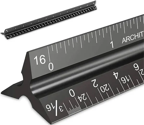 Architectural Metal Scale Ruler 12&#034;, Laser-Etched Aluminum Drafting Ruler Black