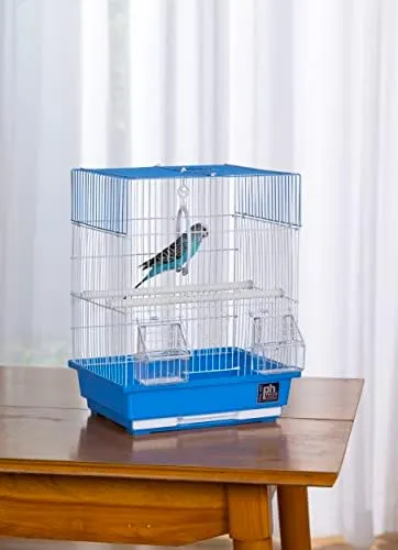 Prevue Pet Products Flat Top Economy Parakeet and Small Bird Cage with White Wire, Blue Plastic Base with Removable Tray