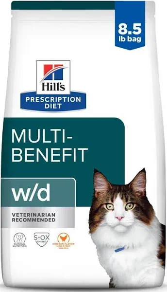 Hill's Prescription Diet w/d Multi-Benefit Digestive/Weight/Glucose/Urinary Management Chicken Flavor Dry Cat Food, Veterinary Diet, 8.5 lb. Bag