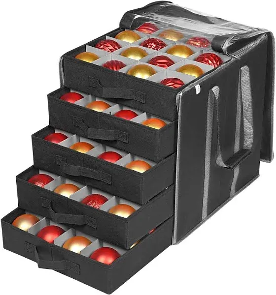 ProPik Christmas Ornament Storage Boxes with Dividers - 5 Separate Trays - Ornament Holder - Keeps 100 Holiday Ornaments - Durable Carrying Bag Handles Organizer Storage Box (Black)