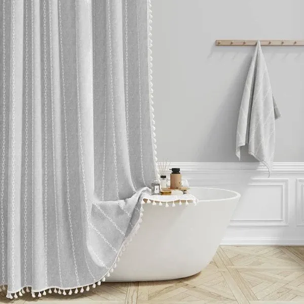 BTTN Extra Long Shower Curtain, 72x96 Long Striped Boho Chic Linen Fabric Heavy Duty Shower Curtain Set with Hooks, Tall Bohemian Farmhouse Luxury Tassel Cloth Shower Curtain for Bathroom, Grey/Gray