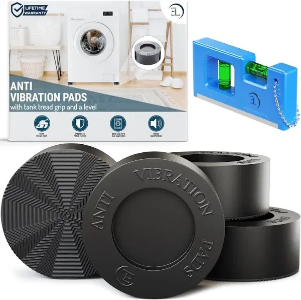 Anti Vibration Pads for Washing Machine - 4 Pads with Tank Tread Grip + Level - Washer Dryer Pedestals Fits All Machines - Noise Dampening, Protects Laundry Room Floor - Washing Machine Support