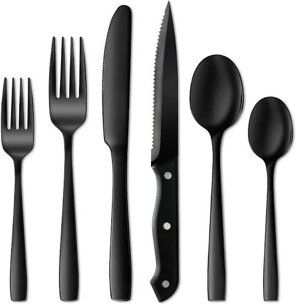 24 Pieces Black Silverware Set, Black Flatware Set, Food-Grade Stainless Steel Cutlery Set for 4, Tableware Eating Utensils, Mirror Finished, Dishwash