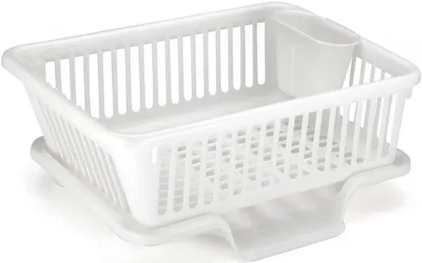 Basicwise Plastic Dish Rack with Drain Board and Utensil Cup