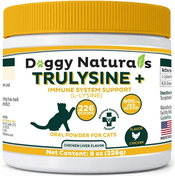 Trulysine Plus L-Lysine for Cats Immune Support Oral Powder 8oz/226g - Cats & Kittens of All Age, Sneezing, Runny Nose Squinting, Watery Eyes Chicken Liver Flavor (U.S.A)(226 Grams (900mg / Scoop))