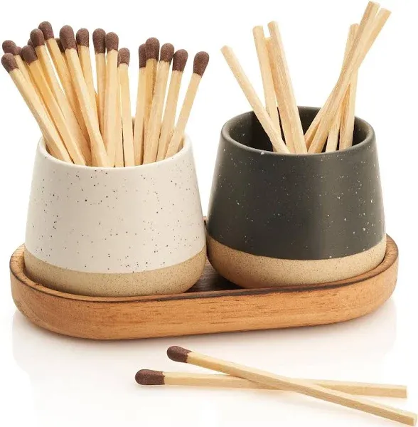 Decorative Ceramic Match Holder With Wooden Tray - Set of 2 Beautiful Matte Holders with Striker Are an Upgrade To Any Home Decor - Enhance Your Living Room With Cute Jars - Matches Not Incl.