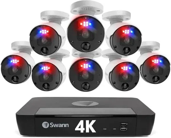 Swann 4K UHD Home Security Camera System, 8 Channel NVR with 2TB,8 Indoor Outdoor Bullet IP Cameras, PoE Cat5e Wired, Video Analytics, 2-Way Audio, Sirens, Color Night Vision, True Detect, 889808