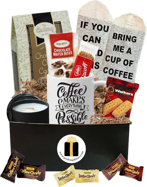 Coffee Gift Basket - Bistro Coffee Mug, Socks, Gourmet Coffee Snacks - Coffee Gi