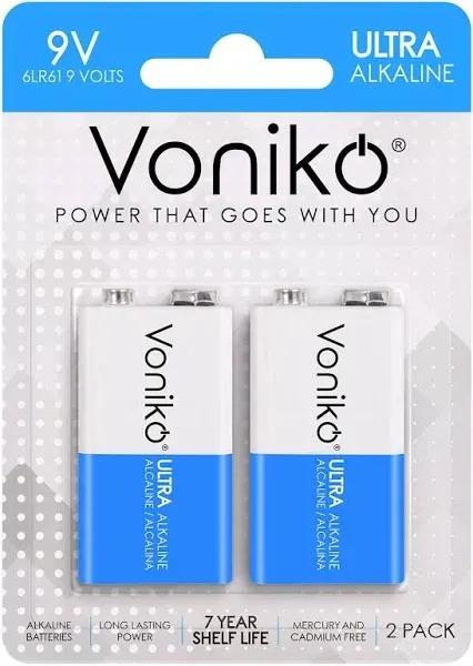 Voniko 9V Batteries - Alkaline 9V Battery 2 Pack - Ultra Long Lasting with a 7 - Year Shelf Life