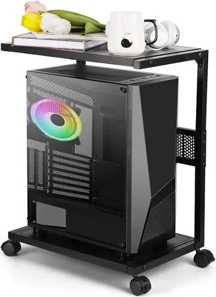 Computer Tower Stand, Iron PC Stand 2-Tier CPU Stand with Locking Caster Wheels Suitable for Most PC (Black, L)