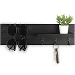 Key Holder for Wall, Decorative Entryway Shelf with Hooks Holds Keys, Dog Leash, Sunglasses – Key Hanger with 3 Hooks Organizes, Enhances Home Decor (15” x 4.5” x 2.6”) (Black)