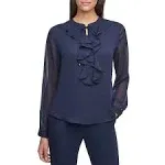 Tommy Hilfiger Ruffled Tie Neck Rounded Hem Blouse - M