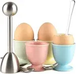 Ceramic Egg Cup Egg Cracker Topper Set for Soft Hard Boiled Eggs Shell Remova...