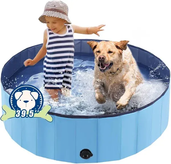 Foldable Dog Bath Swimming Pool 63'' Plastic Kiddie Pool Professional Tub Collapsible Grooming Bathtub for Pets Kids Baby and Toddler, 63 x 12 Inches Blue