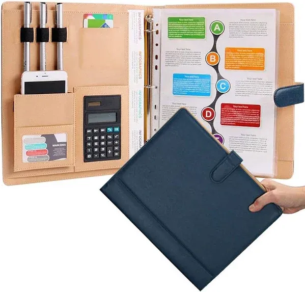 Designer Best Leather Portfolio Binder with Calculator Black 3 Ring Padfolio Bus