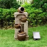 Teamson Home 28 in. Cascading Bowls and Stacked Stones LED Outdoor Water Fountain for Outdoor Living Spaces to Create a Calming Oasis in Gardens and Landscaping, on Patios, Balconies, Lawns, Brown