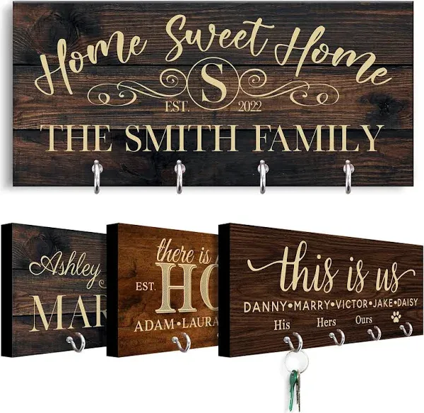 Personalized Key Holder for Wall - Custom Key Hanger with Family Name | 12 Designs, 8 Background Options | House Warming Presents for New Home, Wedding Gifts for Couple, Natural Wood Key Rack