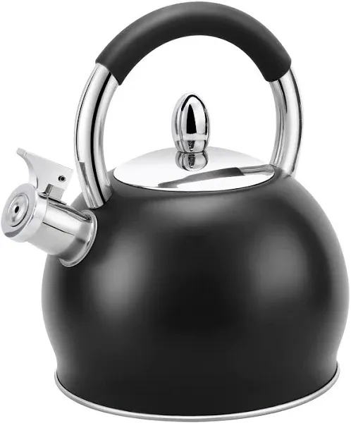 Whistling Tea Kettle for Stove Top Stainless Steel Tea Pot with Ergonomic Silicone Handle Teapot for Stovetop 3.2 Quart / 3 Liter Black